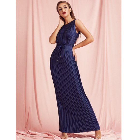 Navy Blue Pleated Tie Waist Maxi Glam Dress - Picture 5 of 8